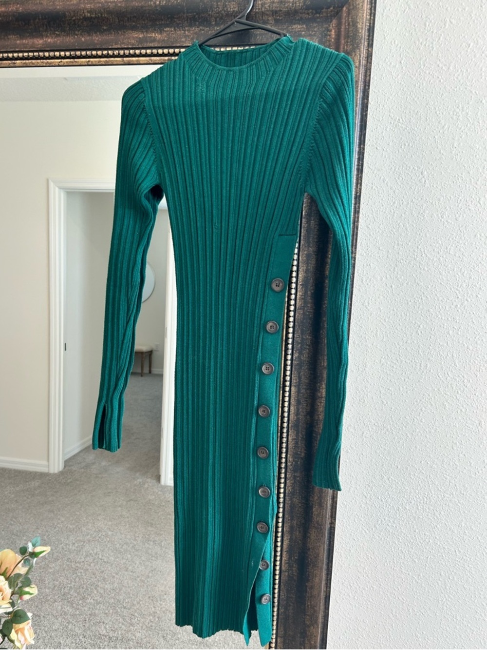Adam Lippes Ribbed Long Sleeve Button-Trim Midi Dress in Green - Picture 5 of 12